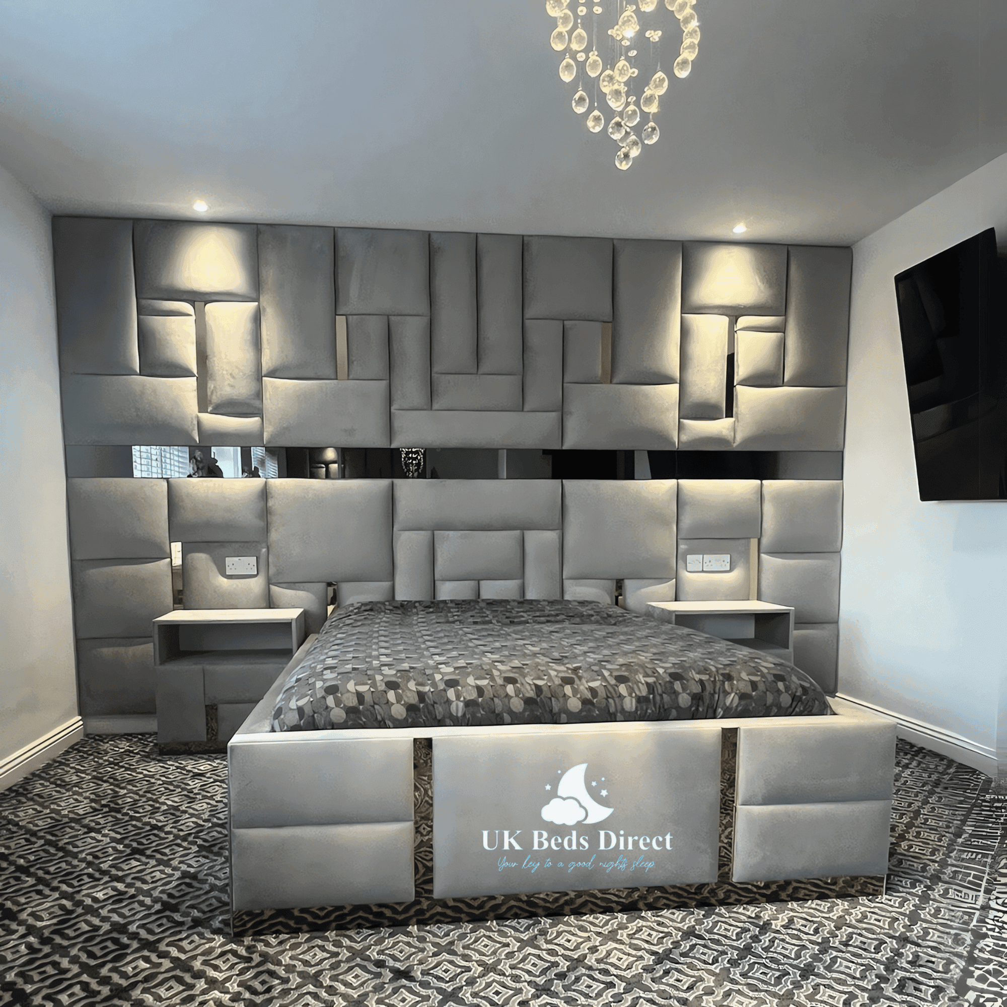 SilverLine Wall Panel Bed – Modern Upholstered Bed Frame with Sleek Silver Strip - UK Beds Direct ltd