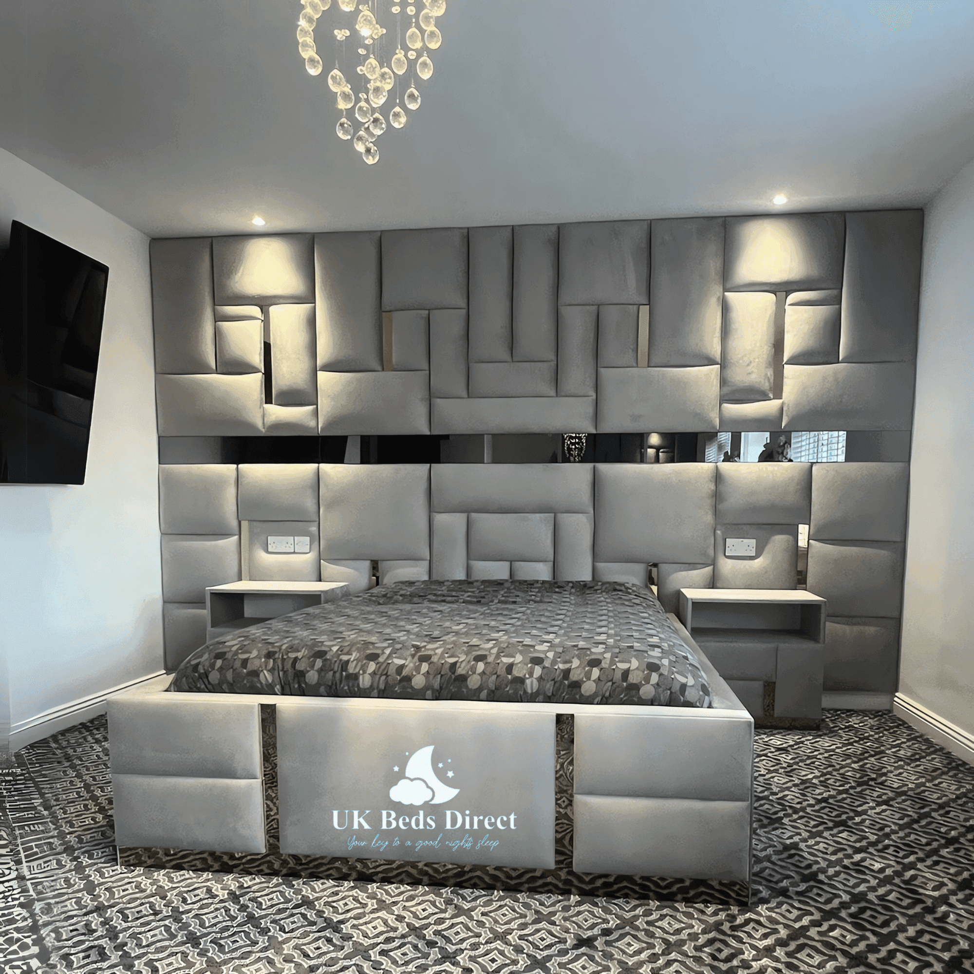 SilverLine Wall Panel Bed – Modern Upholstered Bed Frame with Sleek Silver Strip - UK Beds Direct ltd