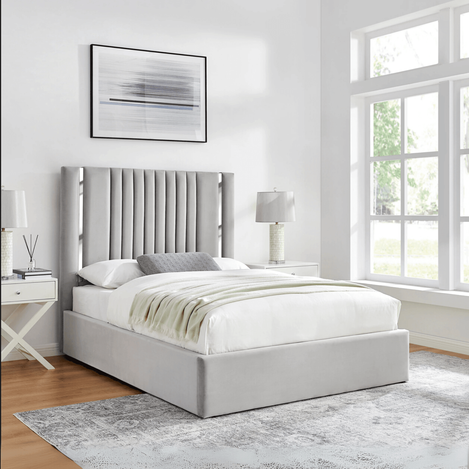Monarch Titanium Silver Accents Upholstered Bed – Stylish Modern Bed Frame with Metallic Trim