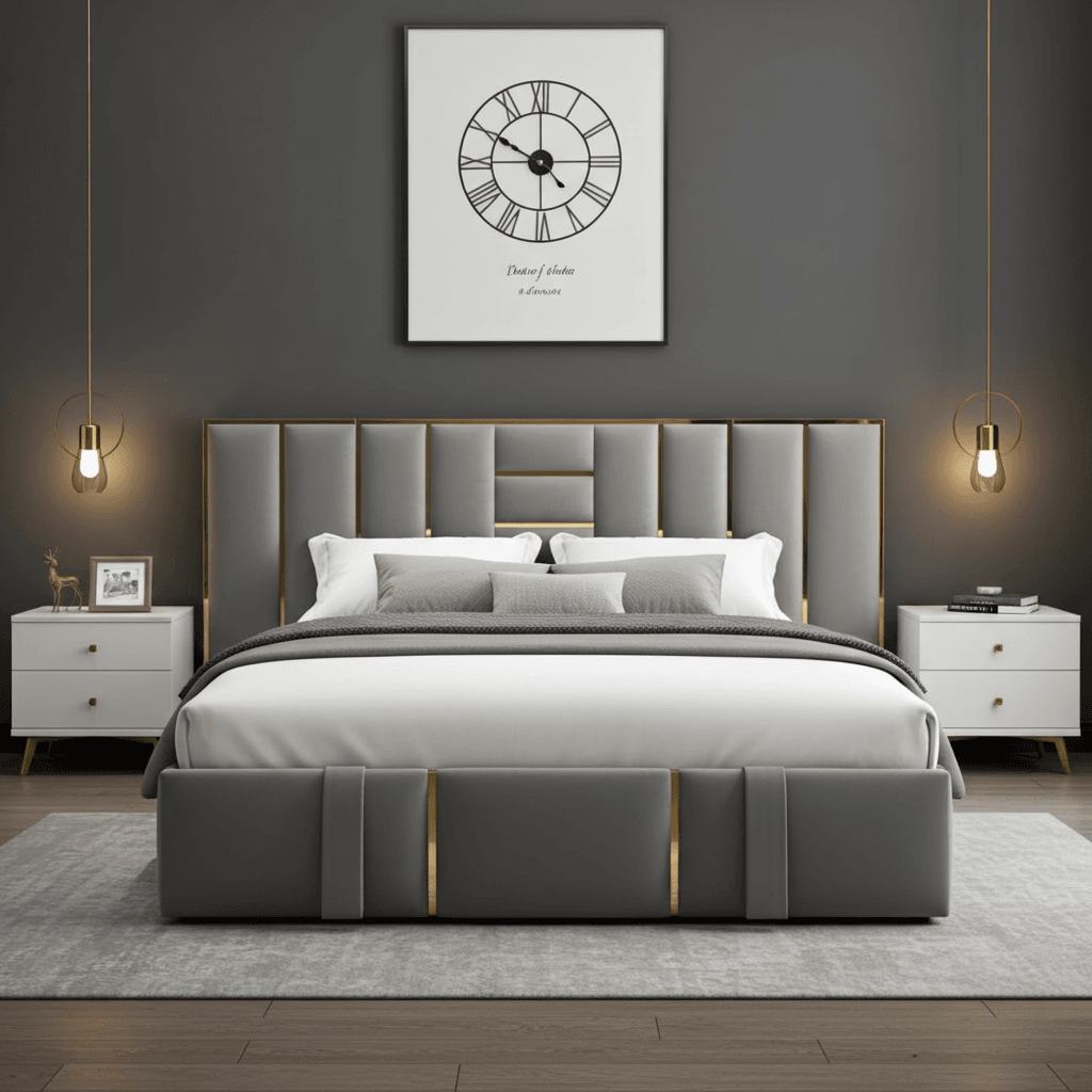 Sara Gold Panel Bed – Modern Upholstered Bed Frame with Gold Detailing