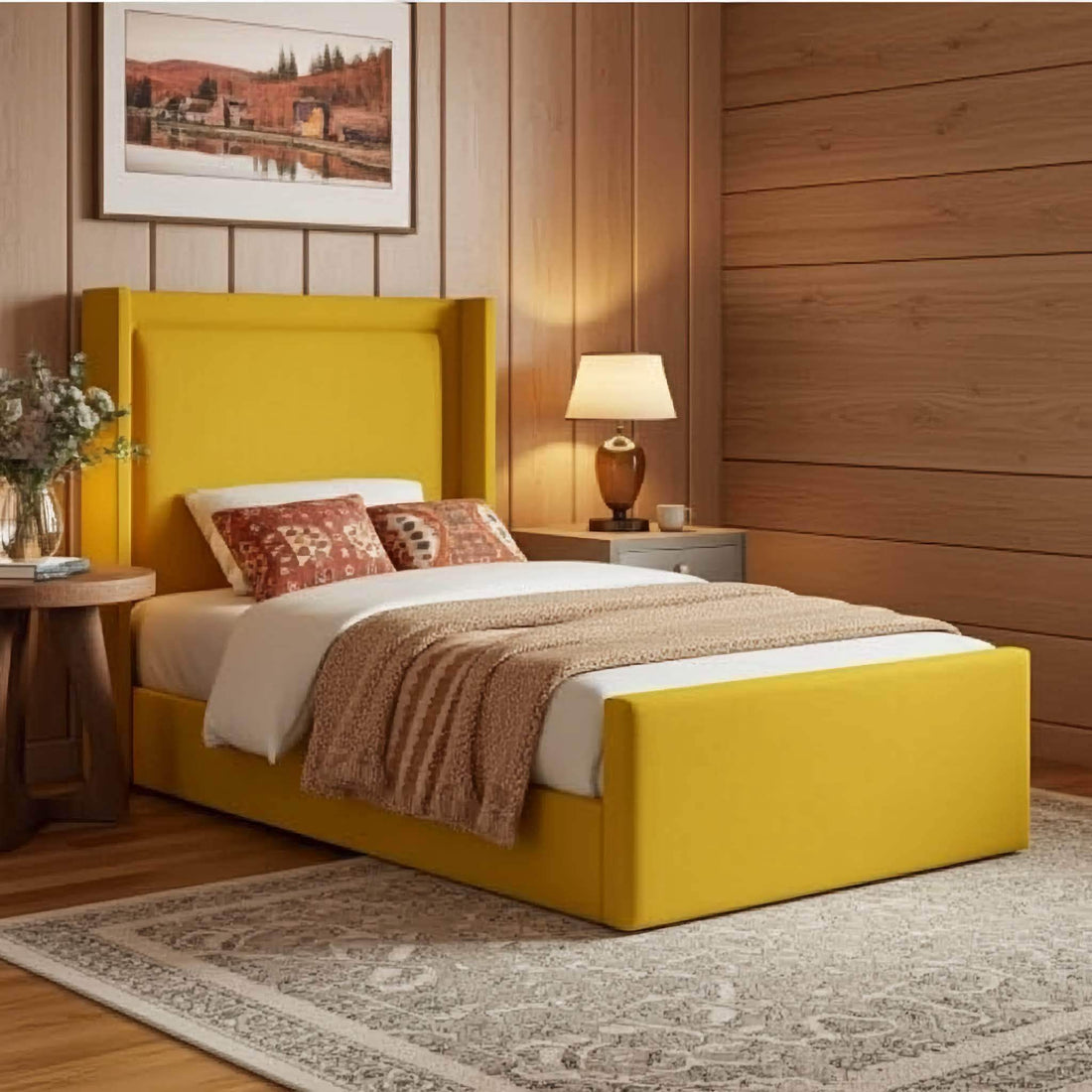 Bespoke Wall Panel Bed Frame with Luxurious Floor-to-Ceiling Headboard – Upholstered Elegance~ UkBedsDirect