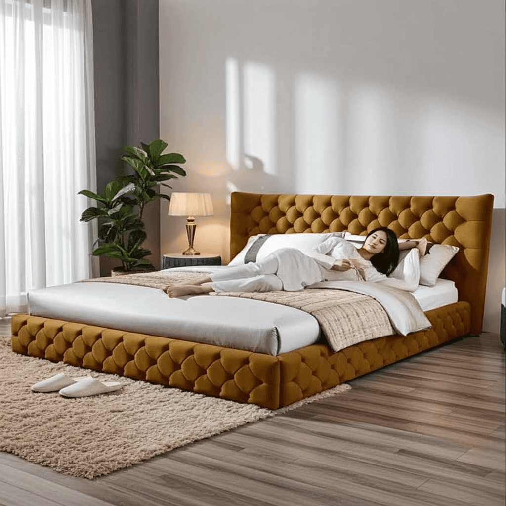 Madeline Wingback Bed – Curved Floor-Standing Upholstered Bed - UK Beds Direct ltd