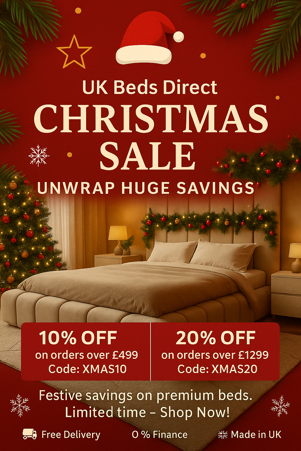 Advertisement for UK Beds Direct Christmas Sale with festive decorations and bed shown.