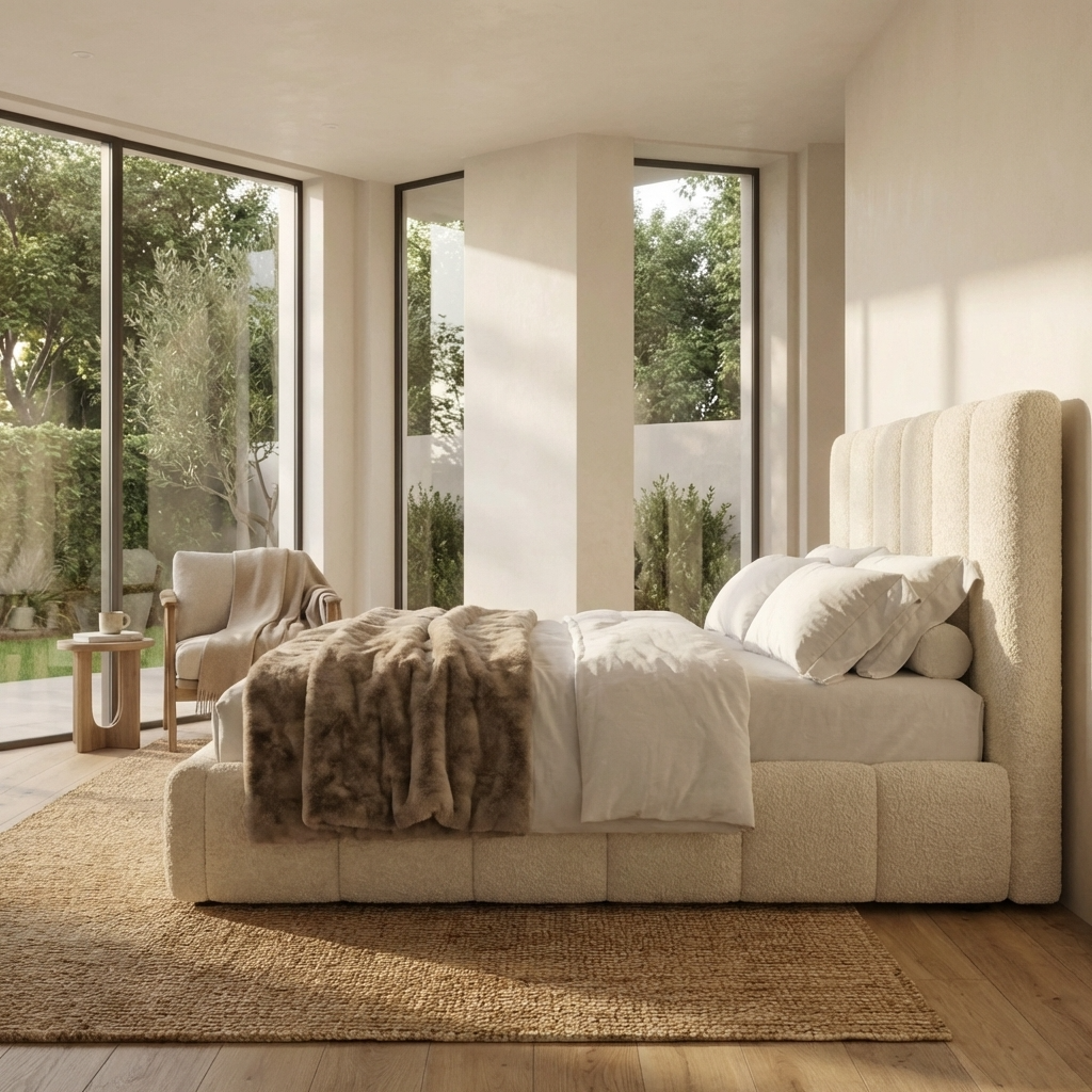 Cloud Block Bouclé Upholstered Bed Frame with Padded Panel Headboard