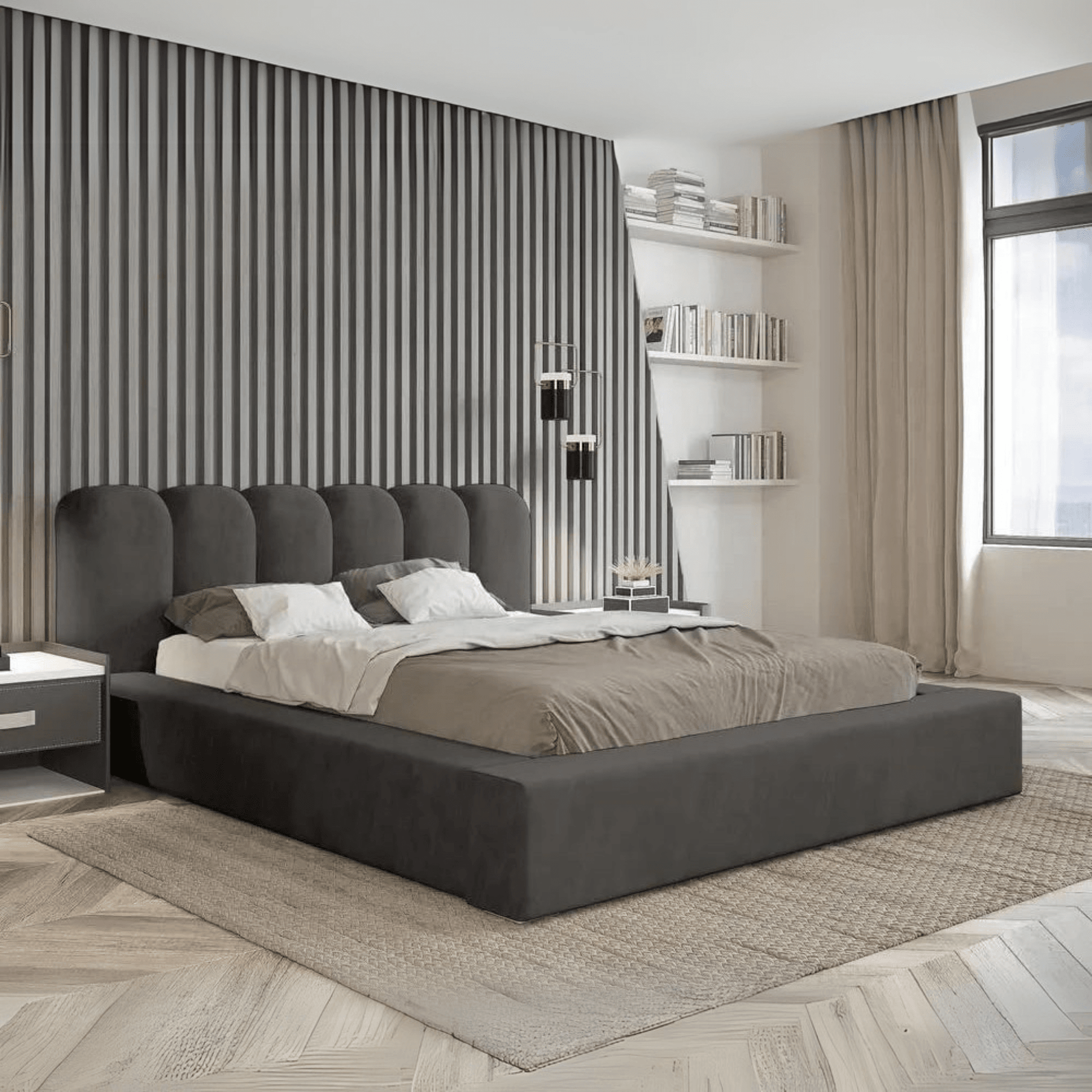 Elia Luxury Ambassador Bed – Upholstered Panel Bed with Ottoman Storage