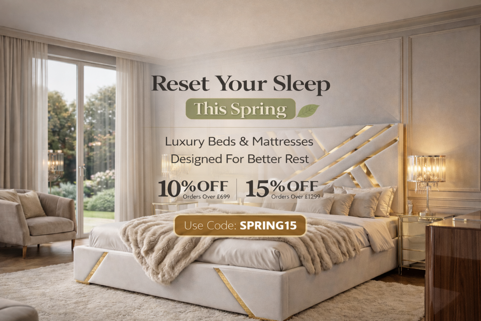 UKBedsDirect luxury upholstered bed with spring sale promotion offering 10% off orders over £699 and 15% off orders over £1299 on beds and mattresses.
