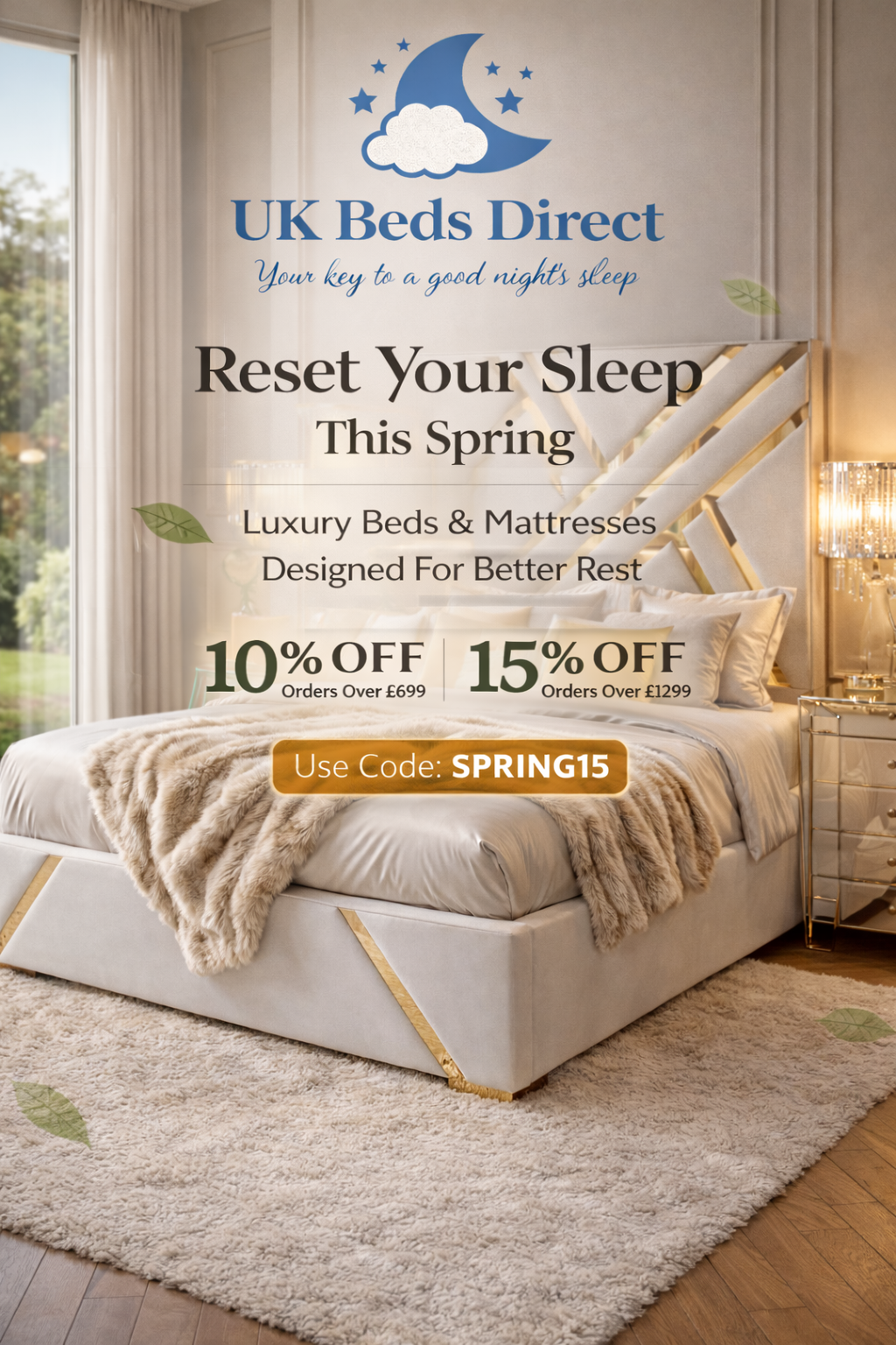 UKBedsDirect luxury upholstered bed with spring sale promotion offering 10% off orders over £699 and 15% off orders over £1299 on beds and mattresses.