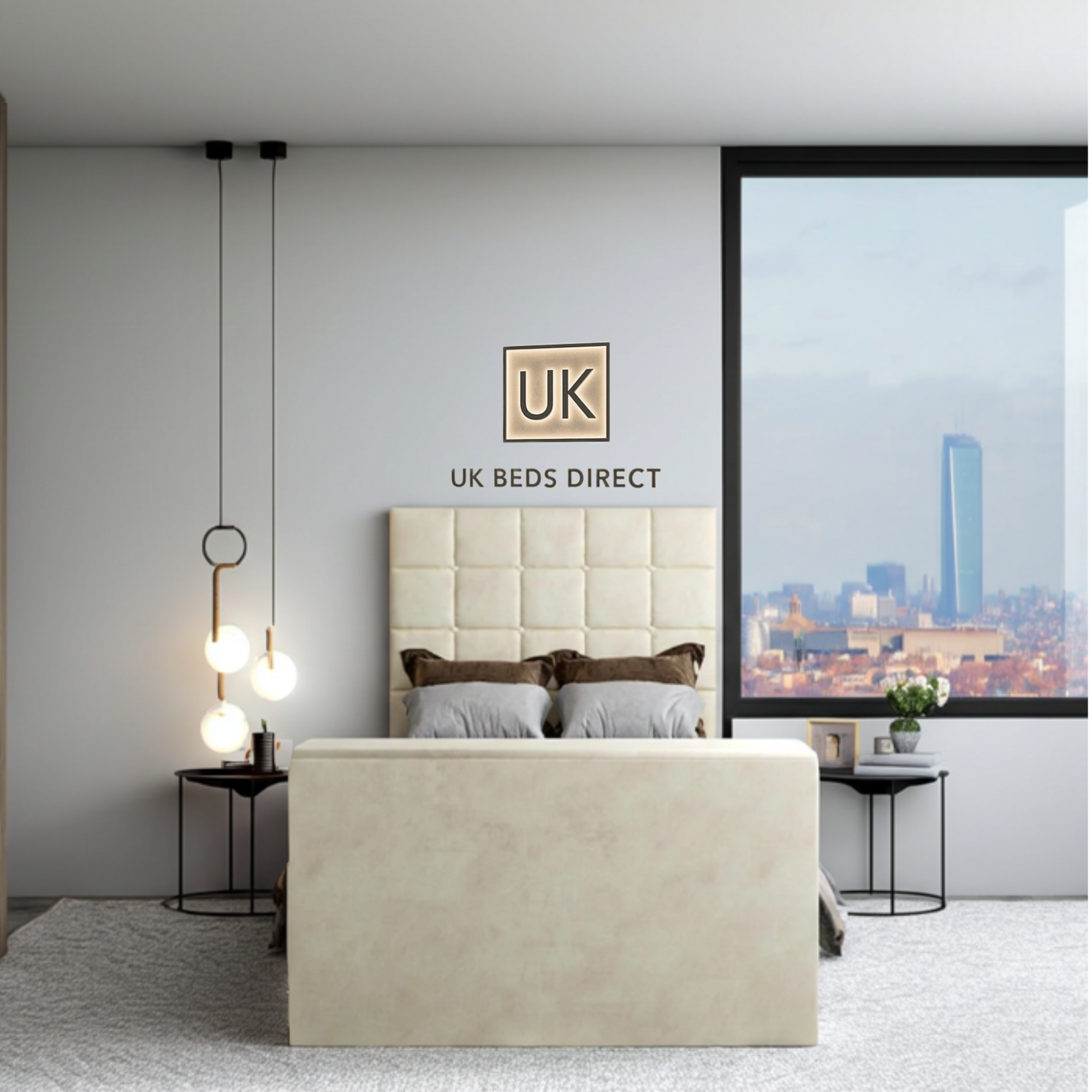Modern bedroom featuring a upholstered TV bed with cube-stitched headboard and UK Beds Direct logo on the wall