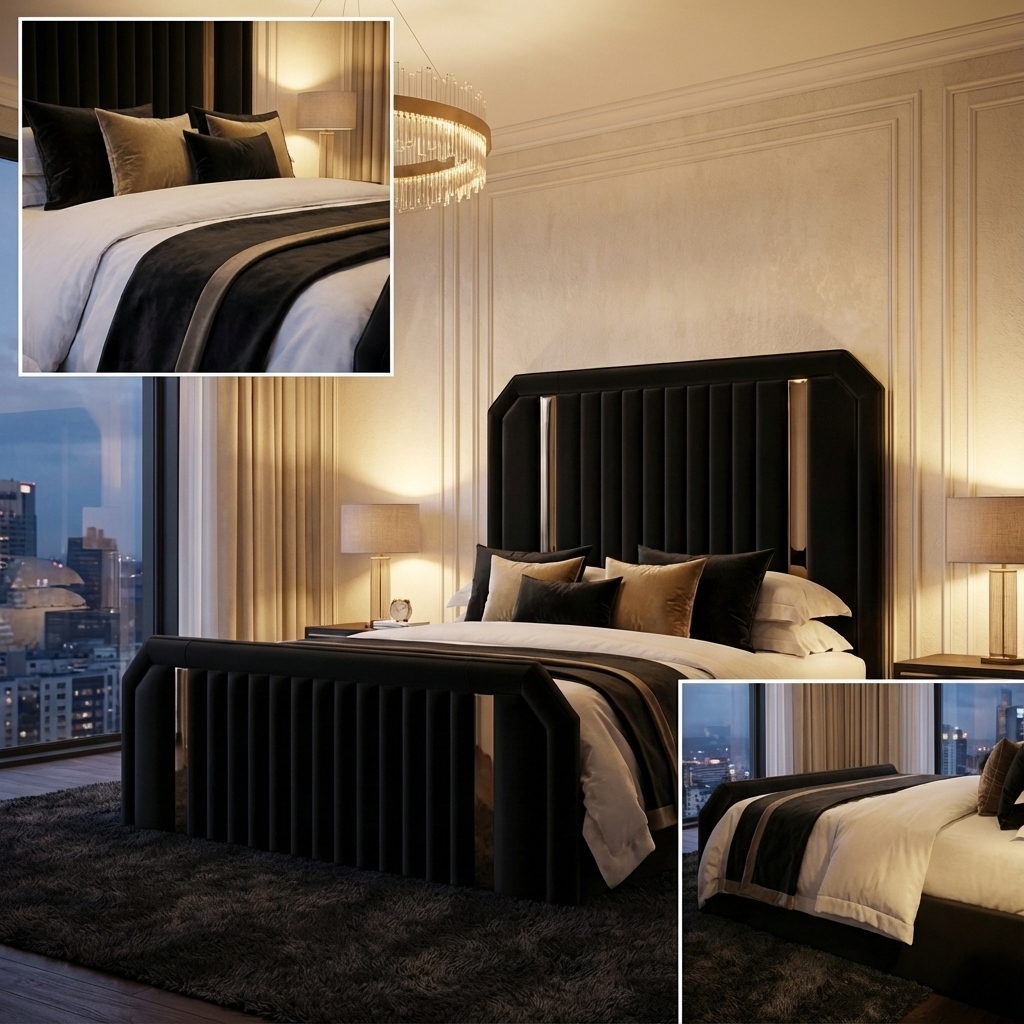 UKBedsDirect 2025 Dreamline Signature Bed – Luxury Upholstered Bed Frame with Gold/Chrome Accent Trim