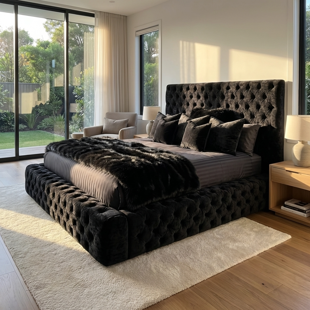 Modern bedroom with a large black tufted bed and large windows.