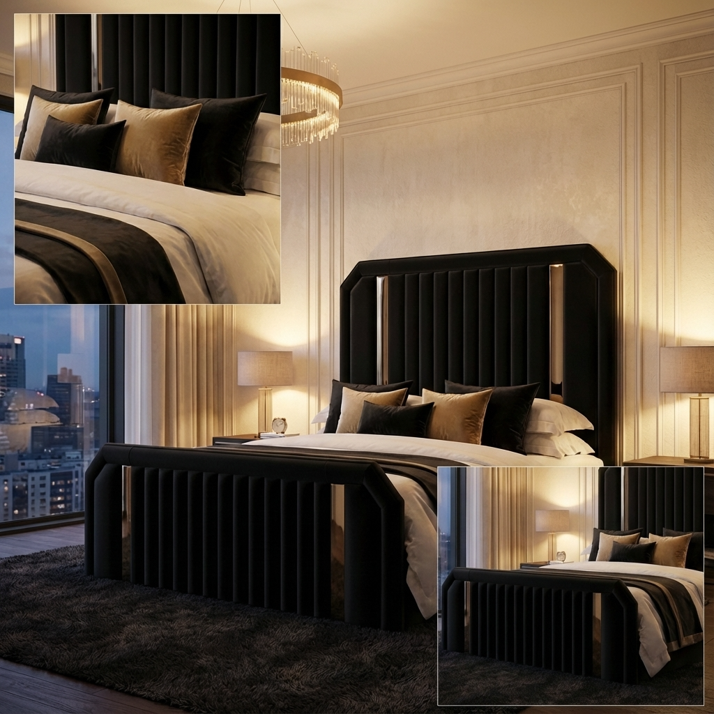 UKBedsDirect 2025 Dreamline Signature Bed – Luxury Upholstered Bed Frame with Gold/Chrome Accent Trim