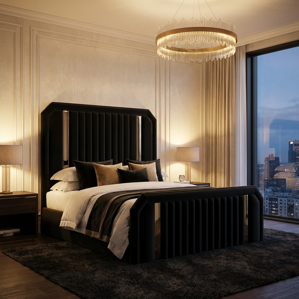 UKBedsDirect 2025 Dreamline Signature Bed – Luxury Upholstered Bed Frame with Gold/Chrome Accent Trim