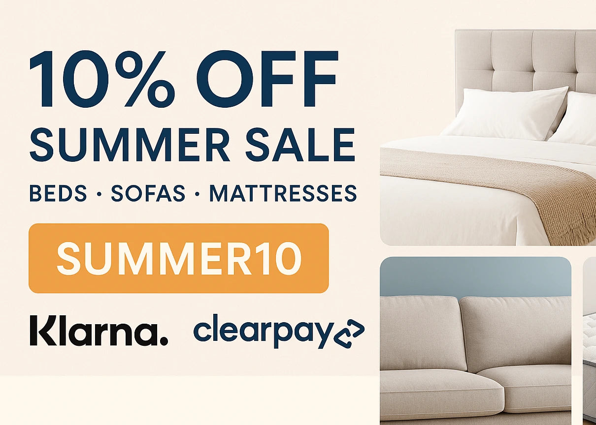 Advertisement for a summer sale on beds, sofas, and mattresses with Klarna and Clearpay logos.