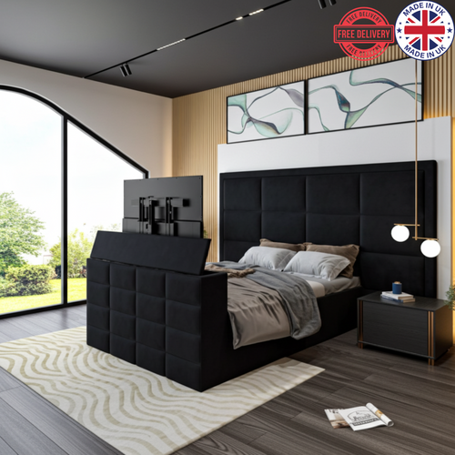 Nero Tufted Upholstered TV Bed in Black with Integrated TV Lift – UK Beds Direct